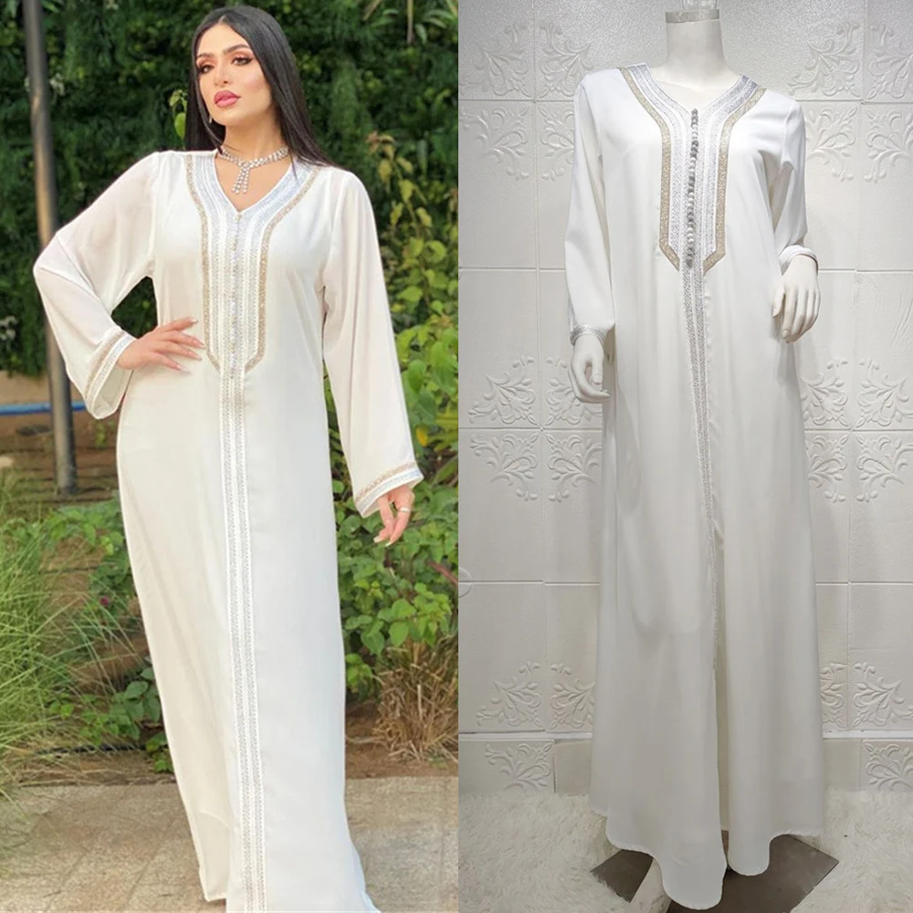 

Muslim Arabic Kaftan Maxi Dress White V-neck Dubai Turkish Robe Gown 2 Pieces Abaya Women Islamic Jalabiya Ramadan Eid Fashion