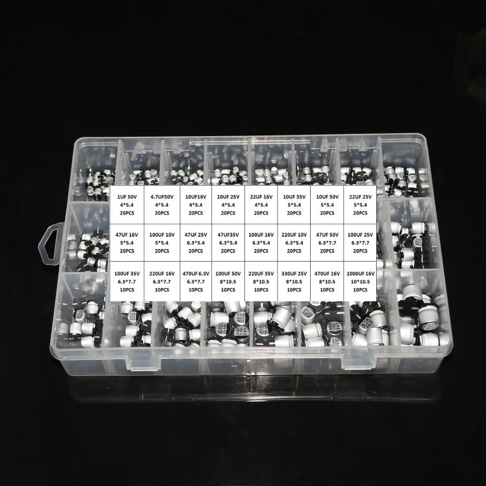 Kit surtido de condensadores electrolíticos de aluminio SMD, 1UF ~ 1000UF, 6,3 V-50V, 400 piezas, 24 valores