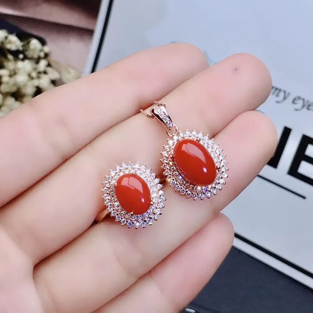 

KJJEAXCMY boutique jewelry 925 sterling silver inlaid Natural Red Coral pendant necklace ring women's suit support detection