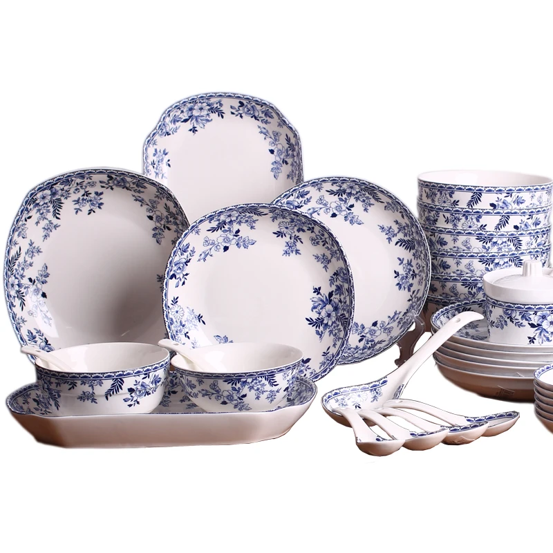 European blue and white porcelain plate bowl tableware household Chinese ceramic dish soup plate large size fish plate rice bowl