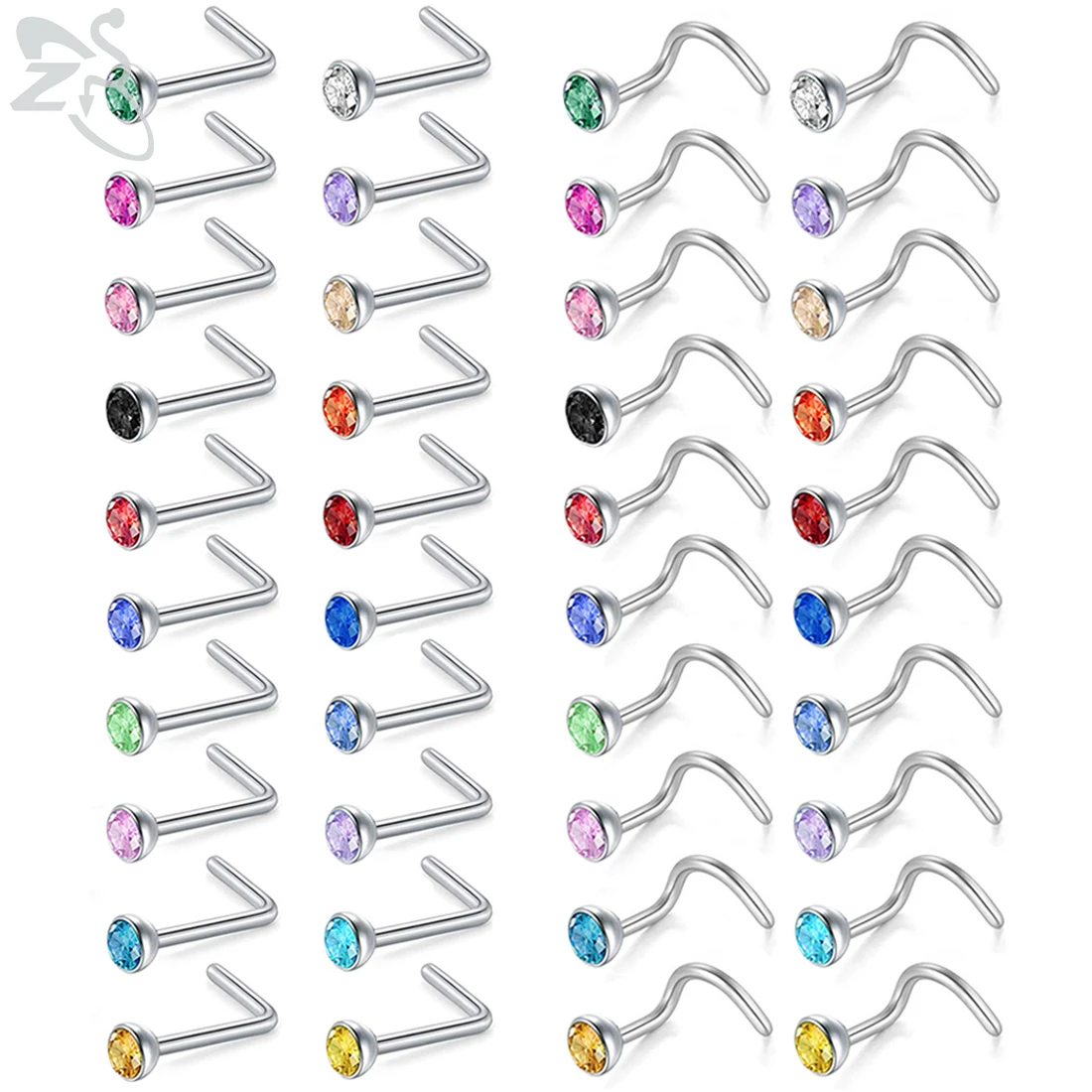 ZS 20pcs/lot Colorful CZ Crystal Nose Ring Set 20g Stainless Steel Nose Piercings 3MM Round Gem Bone Retainer Piercing Jewelry