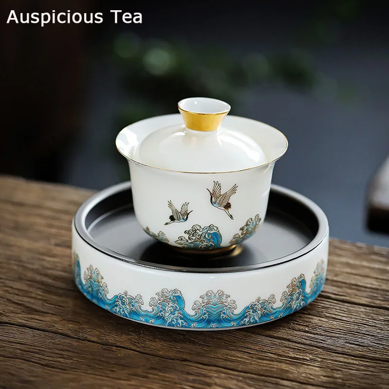 

200ml Mutton Fat Jade White Porcelain Auspicious Crane Guanhai Ceramics Gaiwan With Teapot Base Kung Fu Teaset Tea Ceremony Gift