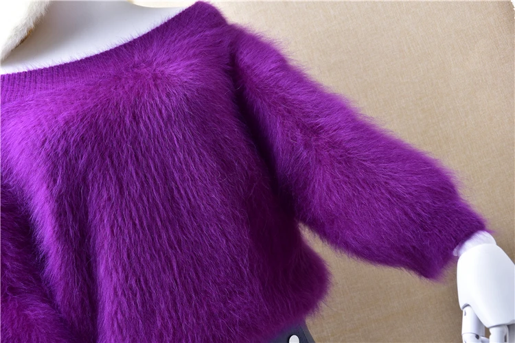 ladies women winter thick warm short style slash neck mink cashmere seven puff sleeves pullover angora rabbit fur winter jumper