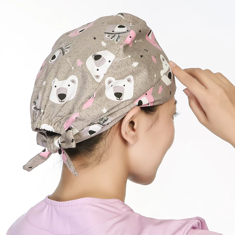 Gorros ajustables con estampado de dibujos animados de flores para mujer, gorros Unisex, cubierta para el cabello, ropa de trabajo antipolvo, sombreros de Navidad, accesorios