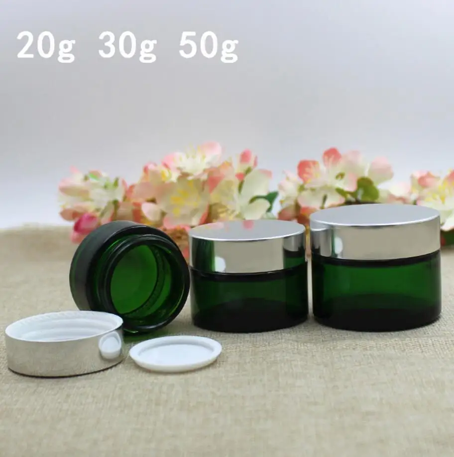 

20G green glass bottle/jar pot tin essence/cream/lotion/gel/moisturizer/serum/mask/ cosmetic packing aluminum/plastic lid