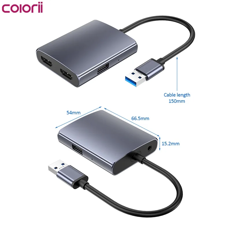 Colorii USB A to Dual HDMI Adapter 1080P 60Hz Dual Monitor Adapter 4 in 1 USB A to HDMI Converter for Windows