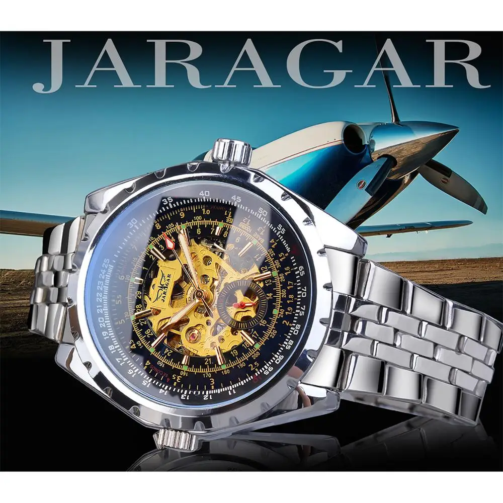 Jaragar Fashion Mechanical Mens Watch Luminous Hands Sport Man Wristwatches Top Brand Skeleton Dial Stainless Steel Polit Clock