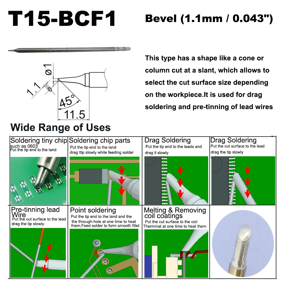 Punta di saldatura della sostituzione della smussatura 1.1mm di T15-BCF1 per il FX-952 della maniglia di HAKKO FX-9501 FM-2028 FM2027 ferro