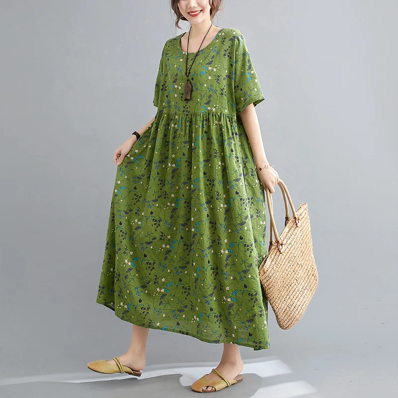 2024 New Fashion Print Floral Prairie Chic Travel Style Casual Dress Thin Soft Cotton Blend Loose Long Maxi Women Summer Dress