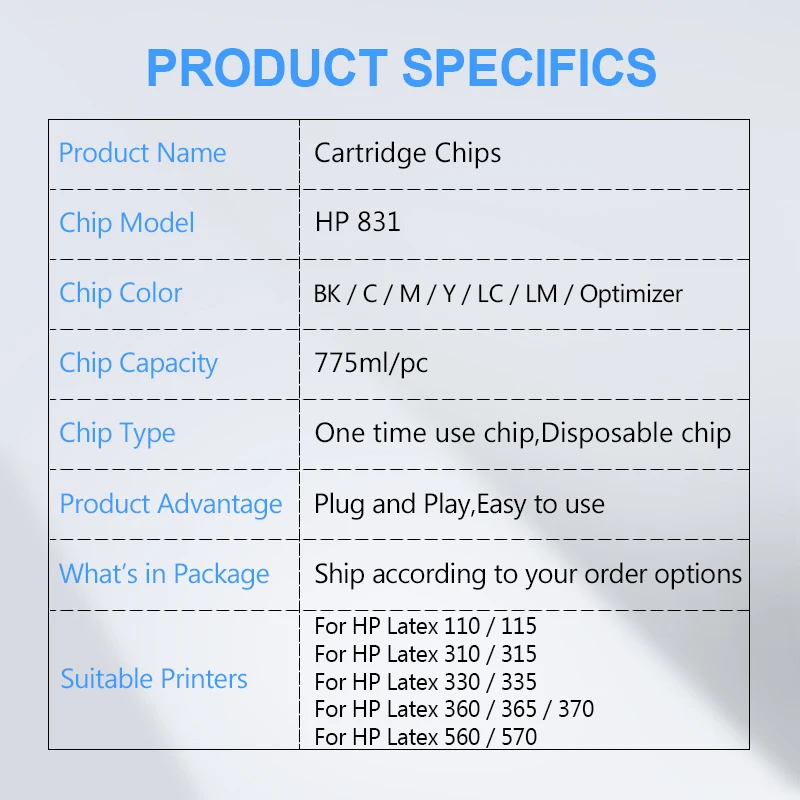 831 Ink Cartridge Chip For HP Latex 110 115 310 315 330 335 360 365 370 560 570 L360 L365 L330 Printer New Upgrade Chips