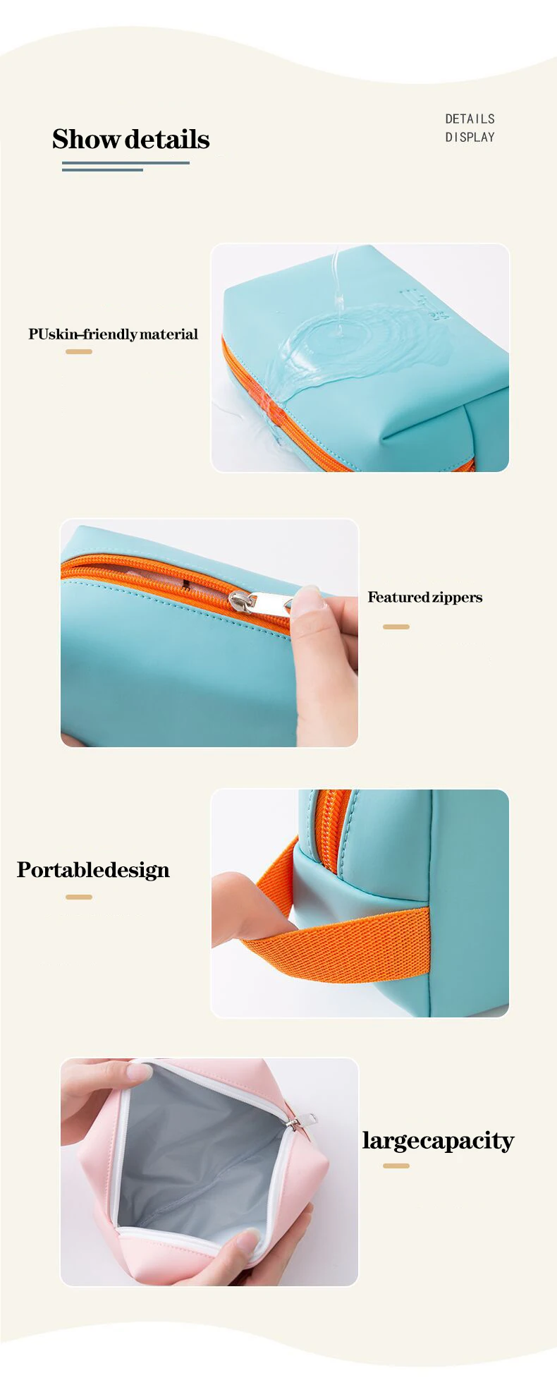 Wasserdichte Kosmetiktasche für Damen, PU, niedliche Bonbonfarben, Reise-Make-up-Taschen, tragbare Make-up- und Toilettenartikel-Aufbewahrungstasche, Organizer-Box – Detail 10