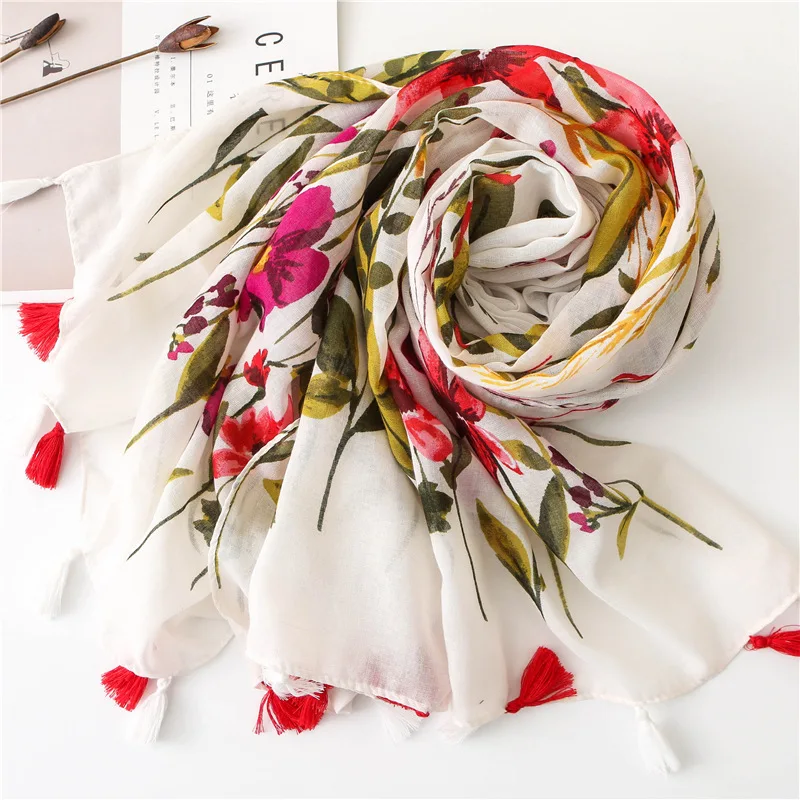 Luxus Marke Baumwolle Schal Frauen Große Schals Design Hijab Echarpe Druck Quaste Schals Dame Strand Stola Schalldämpfer Foulard Pareo – Detail 7