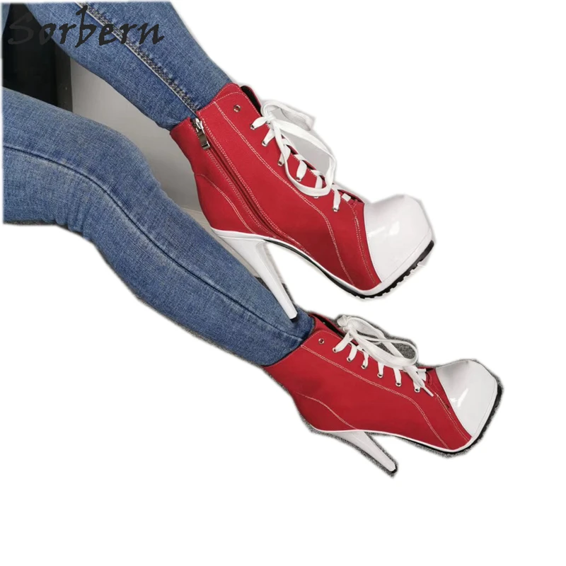 

Sorbern Red White Ankle Booties Women Platform Shoes Lace Up Zipper High Heel Stilettos Short Ladies Boots Custom Colors