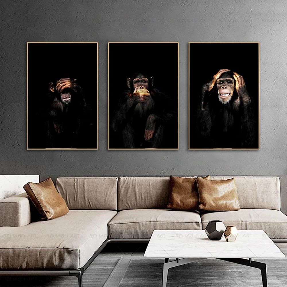 3 Monkeys Canvas Painting Animal Posters and Prints Wall Art for Living Room Modern Home Decor No Speak No See No Listen Picture