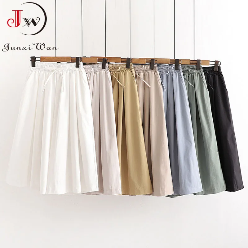 Women Summer Shorts Skirts Solid Elastic Waist Loose Casual Elegant Cotton Wide Leg Pants Korean Style Girls Midi Trousers