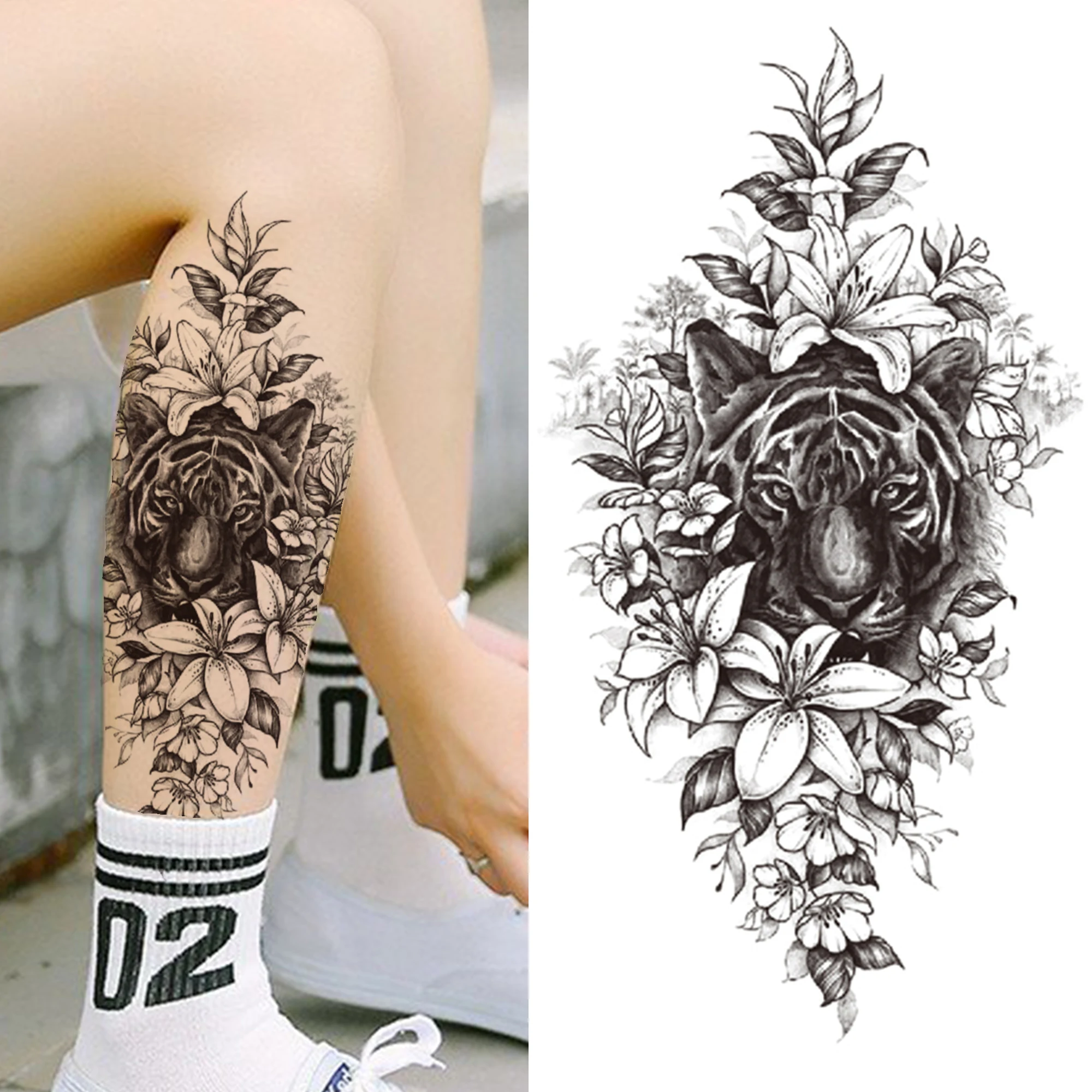 Tatouage temporaire fleur 3D pour femmes et filles, faux autocollant, fleur de tigre, fleur, orchidée, pivoine, noir, lys, rose, beauté