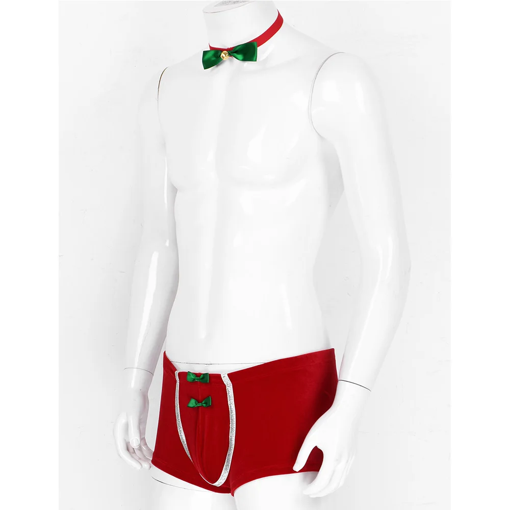 Men Lingerie Red Soft Velvet Christmas Underwear Fancy Costume Sexy Boxer Shorts Male Panties Festival Rave Bowtie Underpants