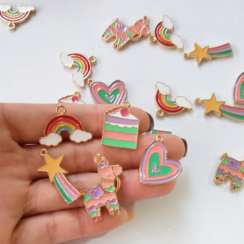 10pcs Colorful Alpaca Love Heart Rainbow Enamel Charms Floating Horse Cake Charms Accessories Earring Pendant DIY Jewelry Dangle