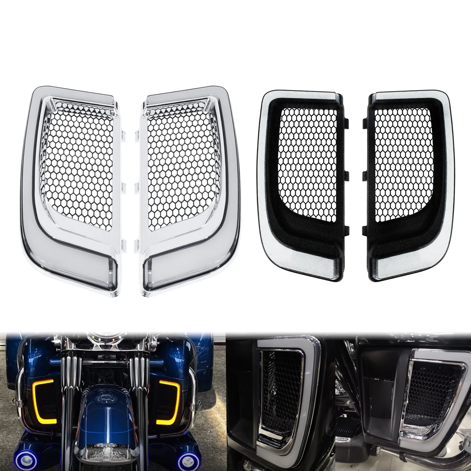 Motorcycle LED Fairing Lower Grills Light Solid Plates Cover Lower Vented Fairings Glove Box For Harley Touring Street Glide