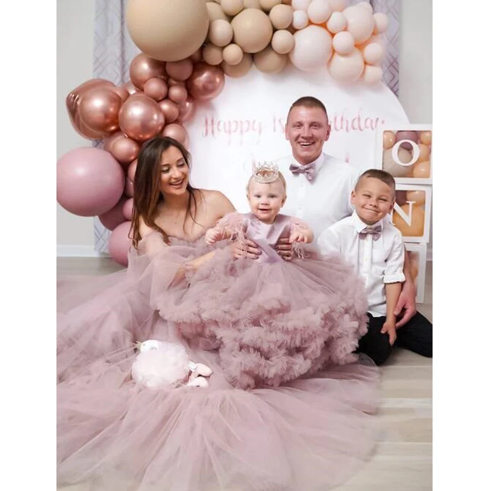 

2022 Mommy and Me Matching Dresses for Photoshooting Dusty Pink Tulle Mum and Daughter Birthday Party Dress Family Evening Dress