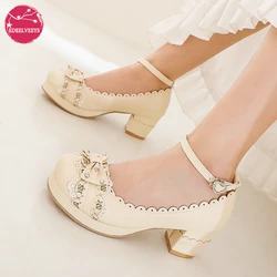 Lolita Scarpe da donna Tacchi alti Vintage Hollow Fiori Ankel Strap Bow Cute Girls Princess Party Studenti Belle pompe Taglia 34-48