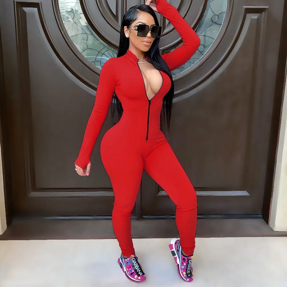 New Workout Active Wear Solid Color Rompers Womens Jumpsuit Sporty Long Sleeve Fitness Clubwear Zipper Party Jumpsuits Bodycon