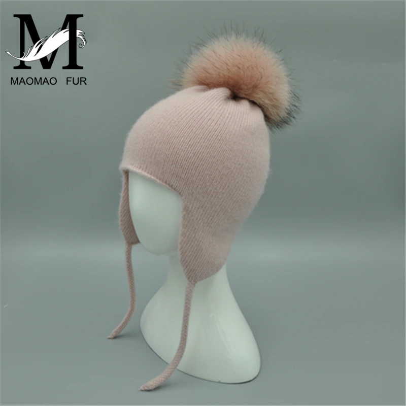 Jxwatcher Autumn Winter Kids Beanie Hat Real Fur Pom Pom Cap Boys Girls Wool Knitted Warm Beanie Cotton Ears Hats