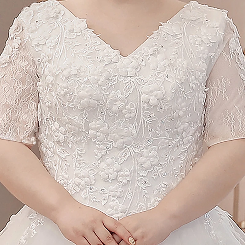 Novo vestido de casamento profundo decote em v meia mangas baratos princesa vestidos de baile branco appliqeus elegante rendas até vestidos de casamento longos b005