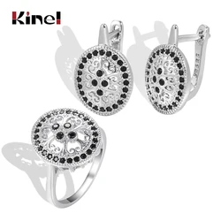 Kinel Luxury Ethnic Bride Ring Earring Jewelry Sets Tibetan Silver Natural Zircon Hollow Flower Wedding Rings Women Fine Jewelry