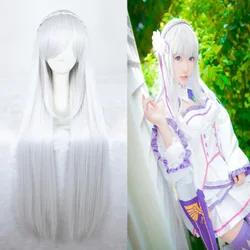 Life in a Different World from Zero Emilia Cosplay Wigs Long Sliver Straight Heat Resistant Synthetic Hair+ Wig Cap