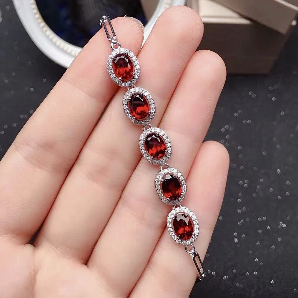 Sterling Silver Garnet Bracelet for Woman 5*7mm VVS Grade Natural Garnet Silver Bracelet Fashion 925 Silver Crystal Bracelet