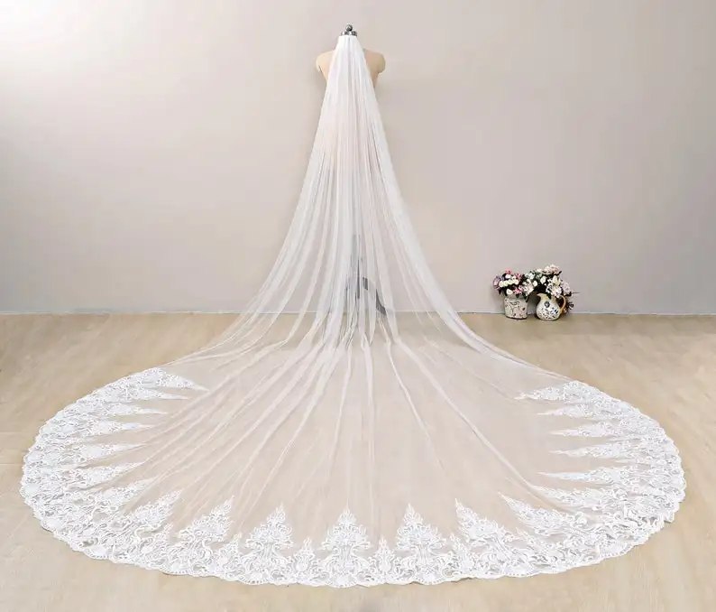 Voile de mariage Extra large en dentelle ivoire, voile de mariée à fond en dentelle, voile de chapelle