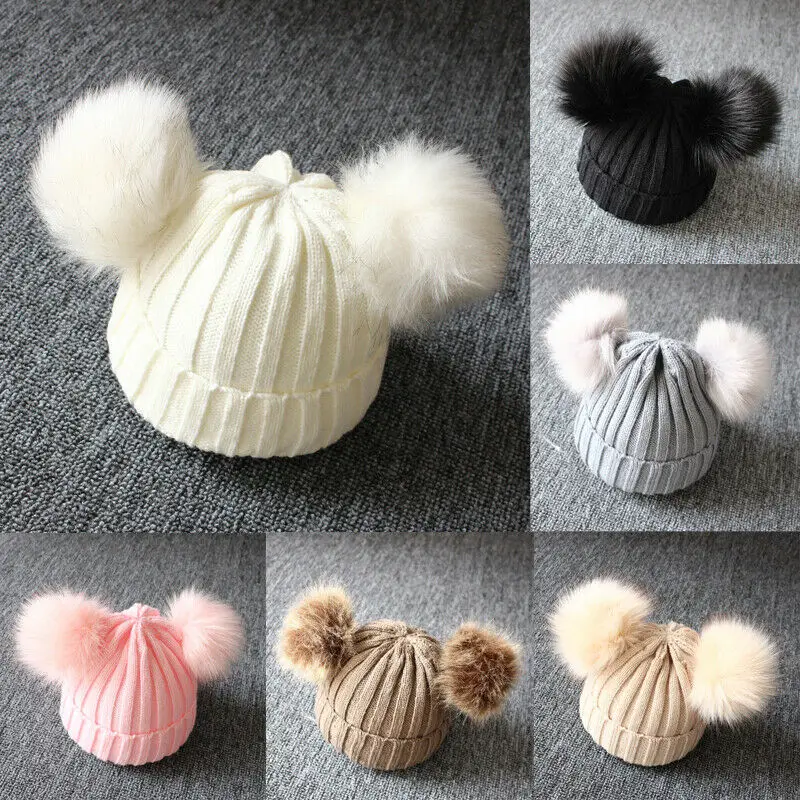 Newborn Baby Kids Girls Boys Winter Warm Knit Hat Furry Balls Pompom Solid Cute Lovely Beanie Cap Kids Fur Pom Hat Best Gifts