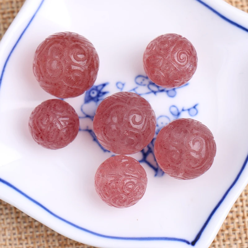 

one piece loose beads carved round strawberry quartz pink nature for making jewelry necklace FPPJ wholesale