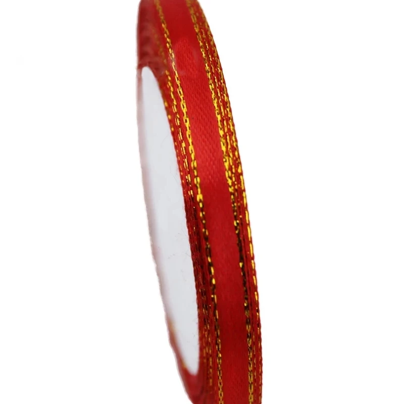 (25 Yards/roll) 6mm Gold Edged Single Face Satin Ribbon Wholesale Gift Packing Christmas Decoration Manual DIY Ribbons Fabric