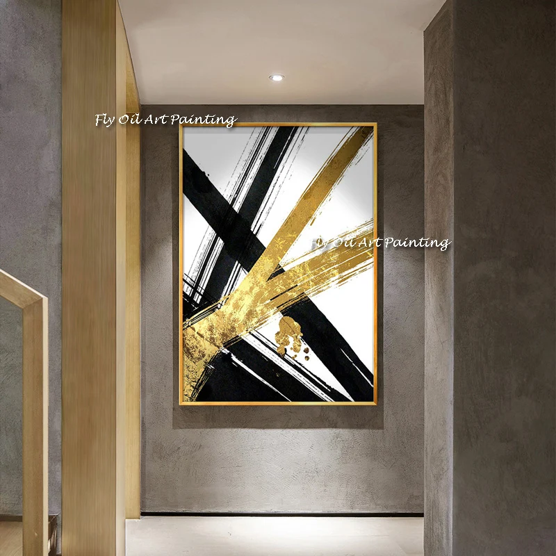 Modern Abstract black white Gold  Acrylic Canvas Paintings Wall Decor Picture Art 100% Hand-painted Latest Design Oil Painting