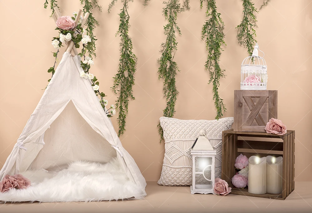 

Baby Girl Toddler Photography Background Cake Smash Easter Spring Photoshoots Backdrop Tent Rattan Vines Photo Studio Background