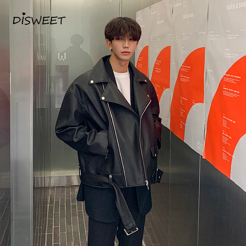 

Solid PU Jacket Men Korean Long Sleeve Loose Lapel Black Jacket Men's Simple Slim Warm Winter Jacket Boy 2020