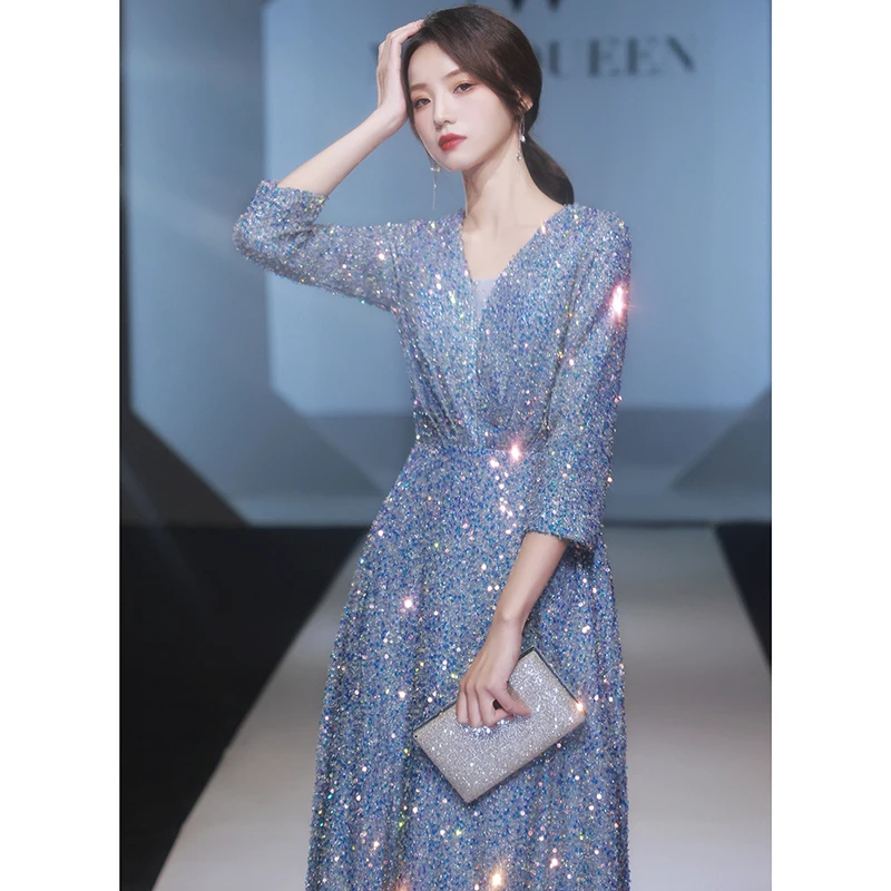 Customized Blue Long Evening Dress Elegant Robe De Soiree Zipper Women Party Dresses Plus Size V Neck Sequin Formal Gowns FD283