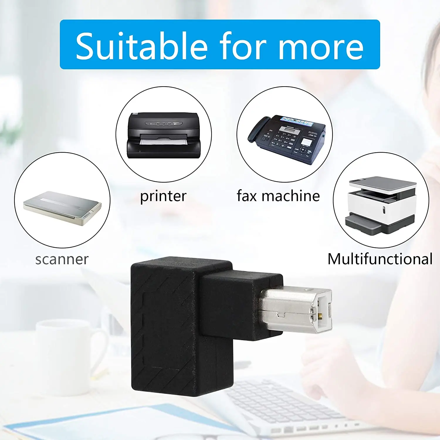 Adaptador USB 2,0 B macho a hembra tipo B para impresora, escáner, HDD móvil y más, ángulo izquierdo y derecho, 90 grados, 2 paquetes