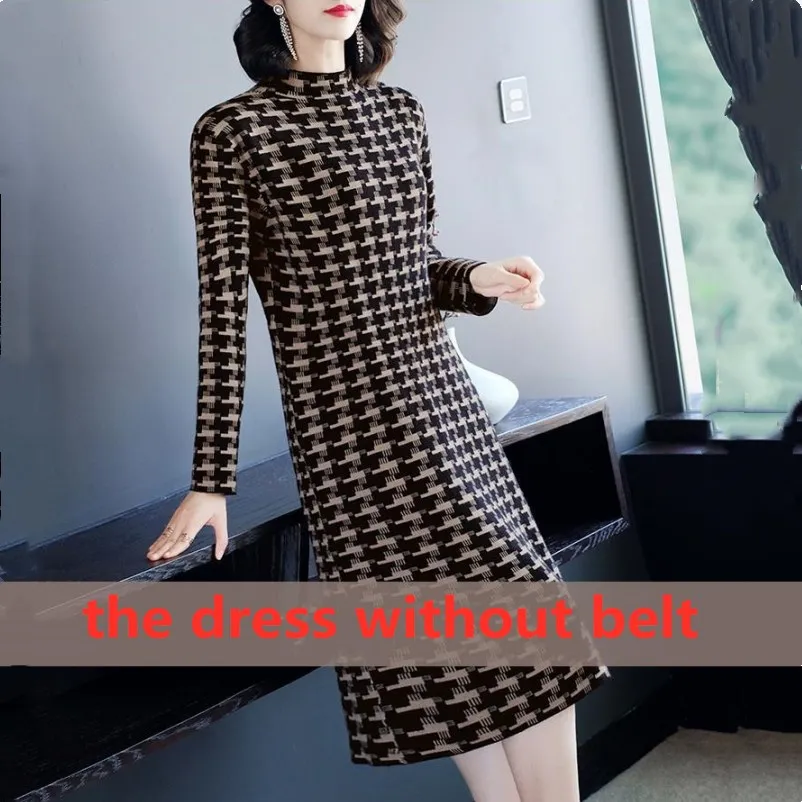 Casual Jurk Voor Vrouwen 2022 Vrouwelijke Breien Kleding Voor Srping Herfst Coltrui Plaid Thicken Slim Knielange Bodem Vestidos