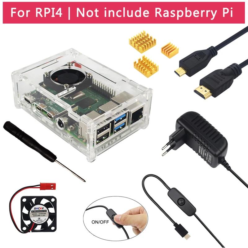 

Raspberry Pi 4 Model B Accessories Acrylic Case + Cooling Fan + Heatsink + Switch Power Adapter for Raspberry Pi 4