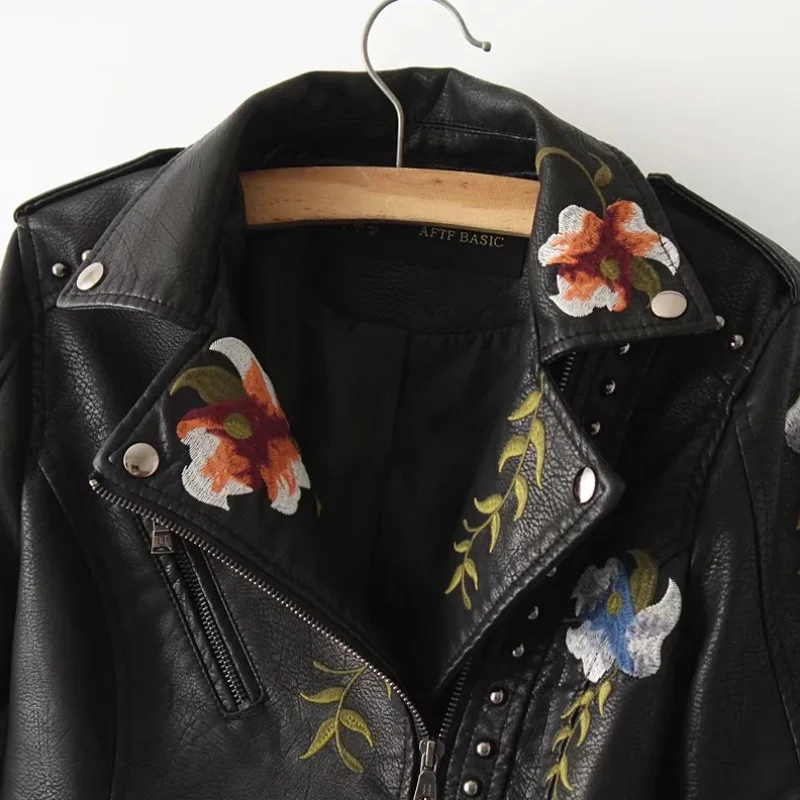 Women Print Embroidery Faux Soft Pu Leather Jacket Coat Turn-down Collar Casual Motorcycle Black Punk Outerwear