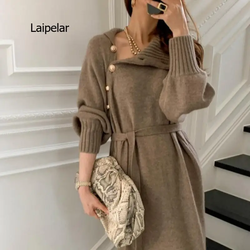 

Women's knitted dress 2021 casual waist high neck women's long skirt dress suit mid-length skirt