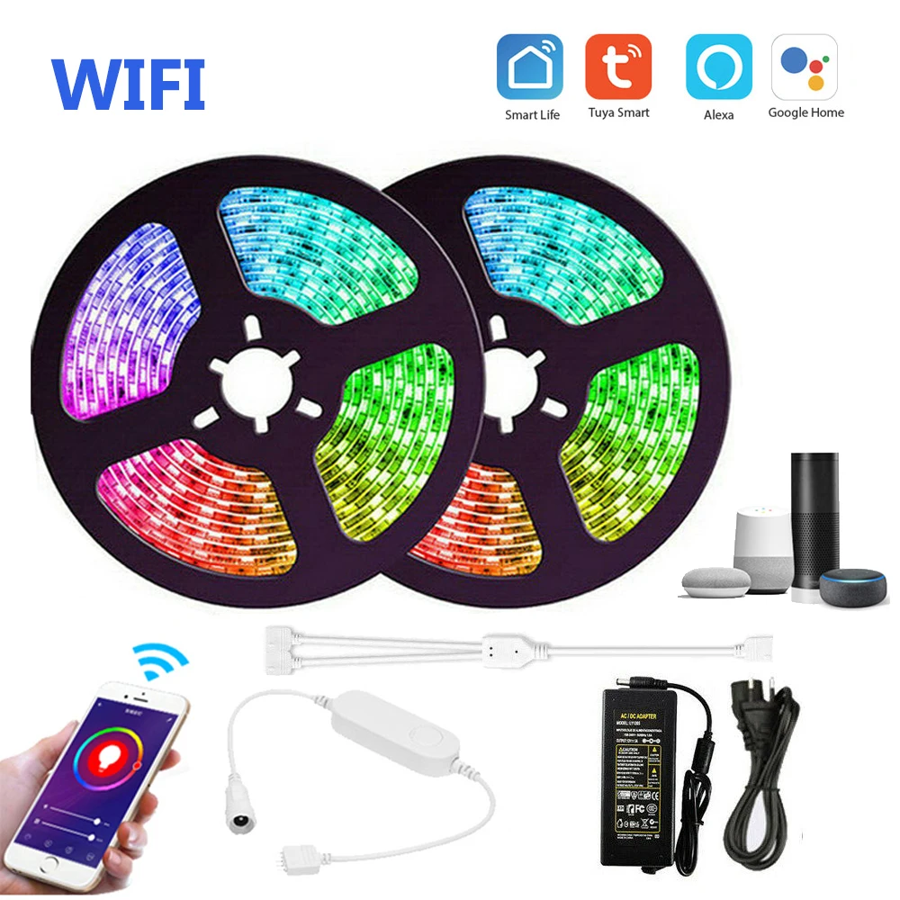 5m 10m 20m Tuya WiFi RGB RGBW RGBWW Led Strip 5050 12V Dimmable Light+Mini Controller+Power APP Voice Control Alexa Google Home