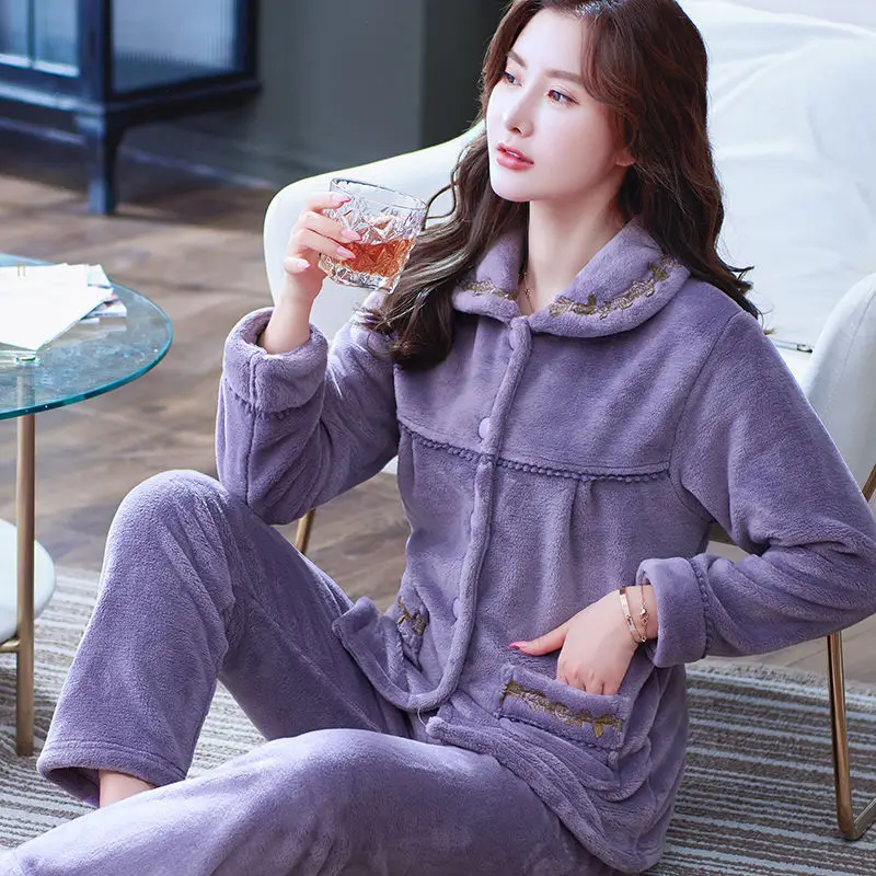 Thick Autumn Winter Warm Flannel Women Pyjamas Sets Long Sleeve Pijama Sleepwear Flannel Women Pajamas Set Home Wear