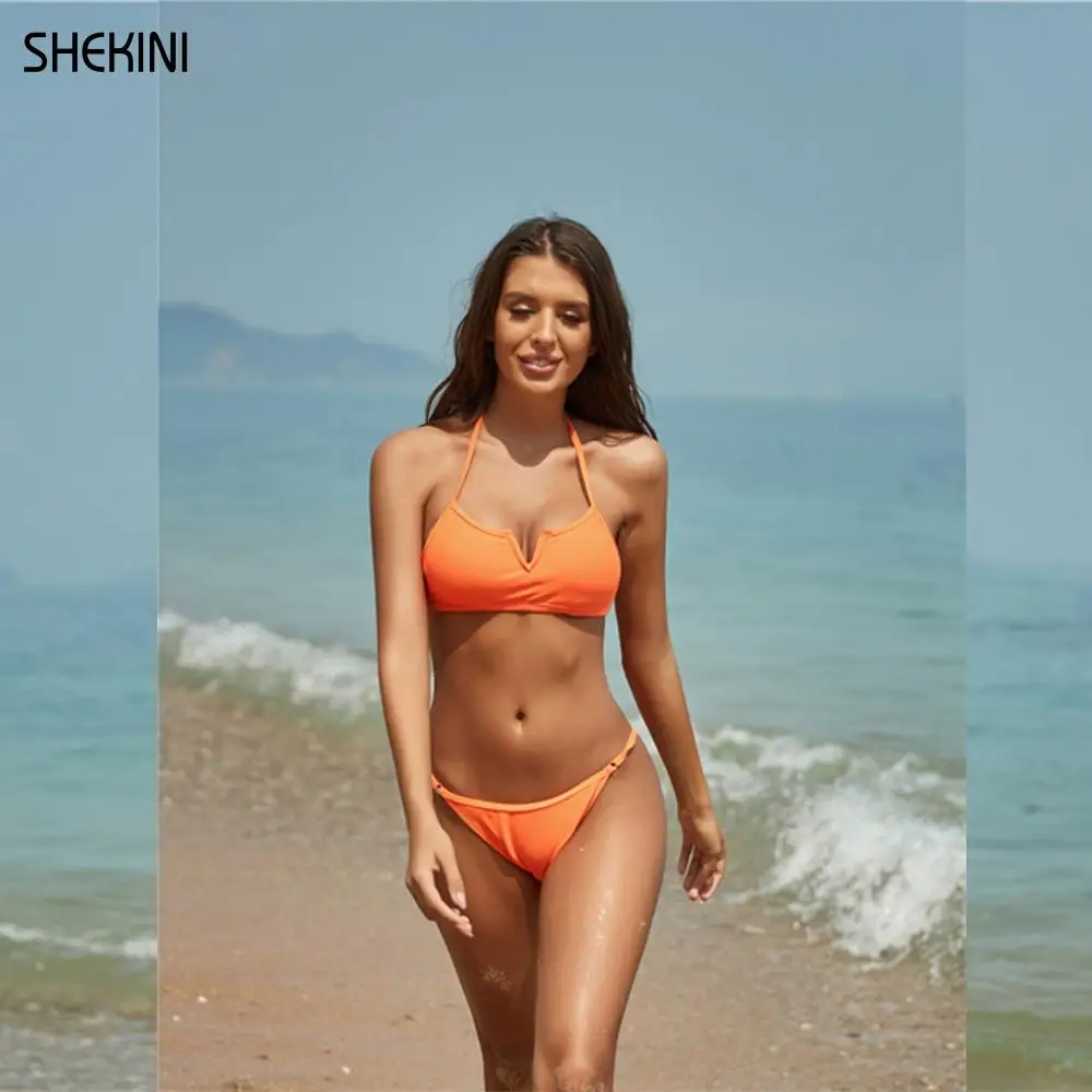 

SHEKINI Women's Halter V-Wired Solid Bikini Sexy Brazilian Low Waist Swim Bottom Two Piece Swimsuits Summer Beach Bathing Suits