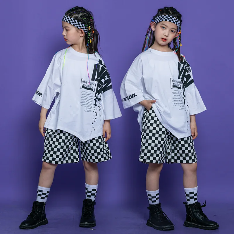 Kid Hip Hop Clothing Graphic Tee Long Oversized T Shirt Top Streetwear Checkered Shorts for Girl Boy Dance Costume Clothes