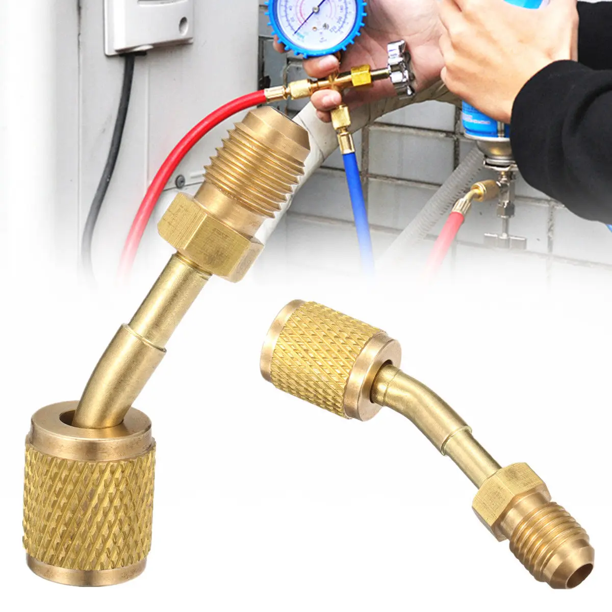 جديد النحاس R410a محول لتكييف الهواء سبليت دون أنابيب خدمة مهايئ منفذ R410a 5/16 "SAE أنثى إلى 1/4" SAE ذكر