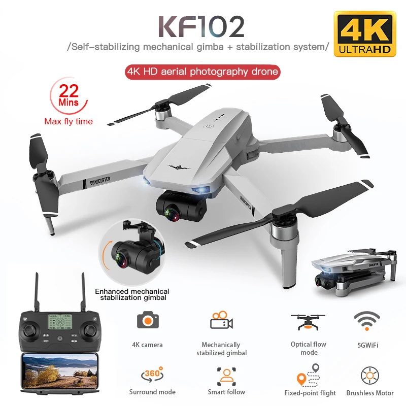 Квадрокоптер KF102 с HD-камерой 4K, 2-осевым стабилизатором, Wi-Fi, FPV